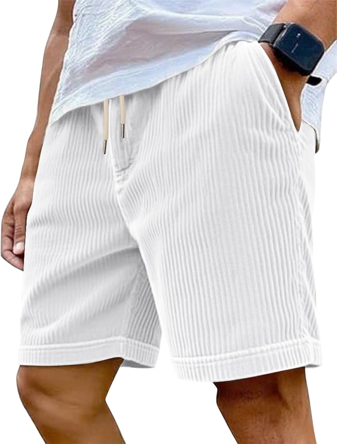 Mens Cargo Shorts Casual Drawstring Elastic Waist Corduroy Summer Beach Shorts with Pockets