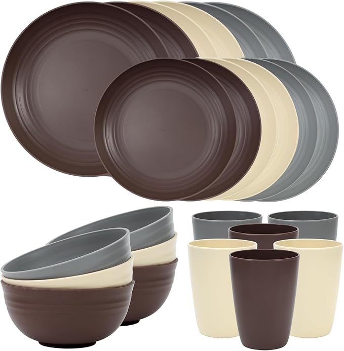 Quatish 24 Piece Plates and Bowls Sets for 6, Unbreakable Dinnerware Sets, Dish Set for Camping, Dishwasher Microwave Safe, Outdoor Kitchen and Apartment Dinning RV Essentials, Brown