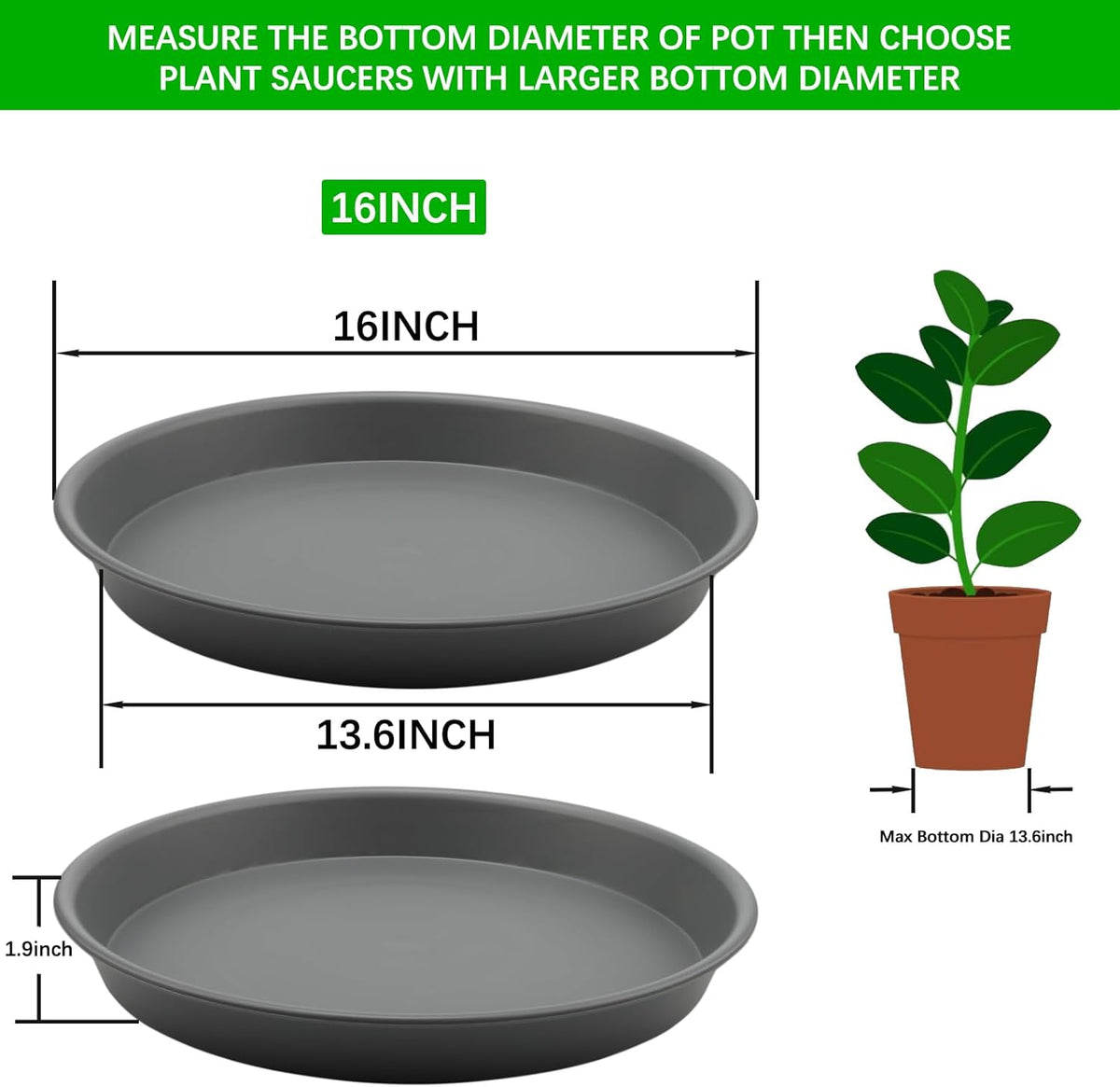 TITE Plant Saucer Heavy Large Planter Durable Thicker Plastic Plant Trays for Indoors and Outdoor,Plant Saucer Drip Trays (Grey, 16 inch)