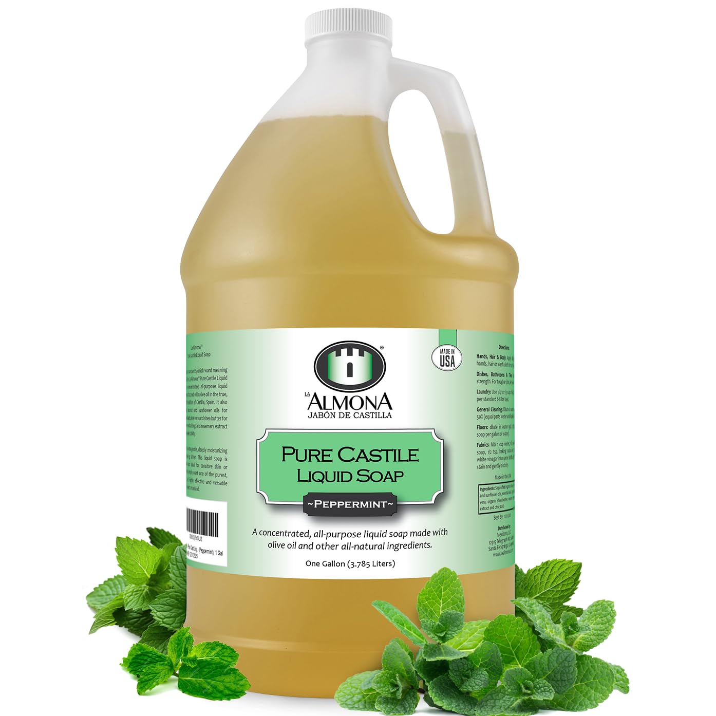 Pure Castile Liquid Soap, PEPPERMINT, 1 Gallon - Multipurpose: Hands, Face, Body, Laundry, Dishes & More - For Sensitive Skin, Natural Ingredients, Scented with Essential Oils