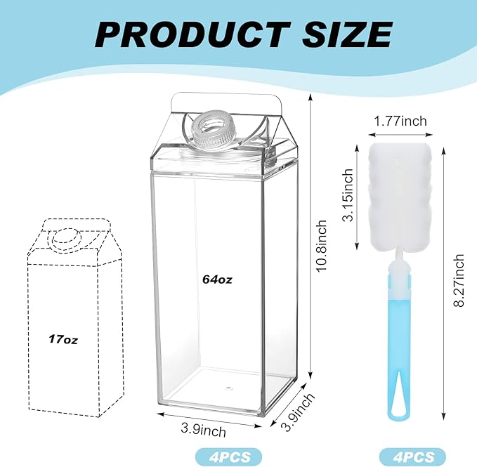 4 Pack 64 oz Large Milk Carton Water Bottle with Cleaning Brush Clear Plastic Milk Bottle Portable Leakproof Juice Container Reusable for Refrigerator for Outdoor Climbing Tour or Camping