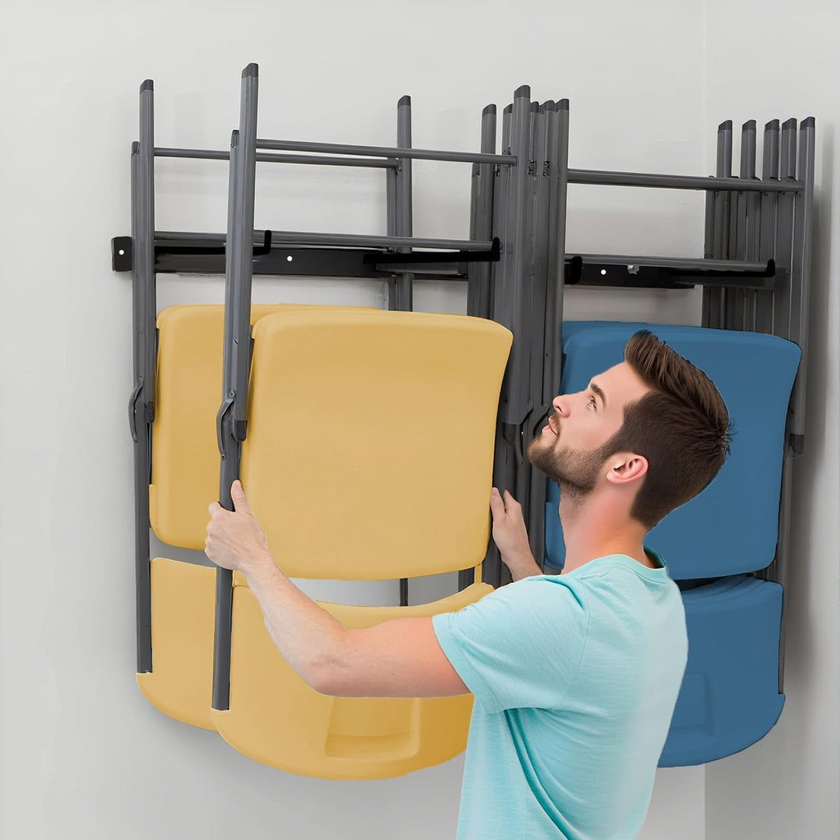 Garage Tool Organizer Wall Mount, 2Pack Folding Chair Storage Rack, Heavy Duty Garden Tool Holder for Hanging Shovel Rake Broom Ladder
