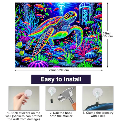Blacklight Tapestry Sea Turtle Neon Decor 51 x 78 Inch