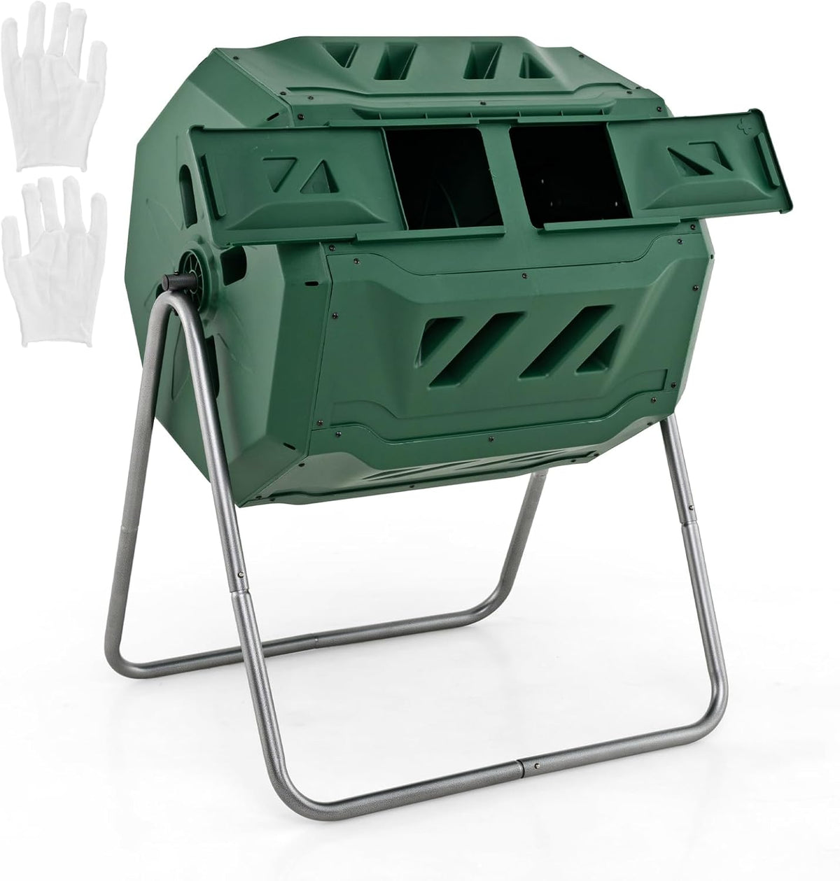 Goplus Compost Tumbler, 43 Gallon Rotating Compost Bin Barrel, Dual Chamber Tumbling Composter with Sliding Door, Gloves, Aeration System for Outdoor, Garden, Yard