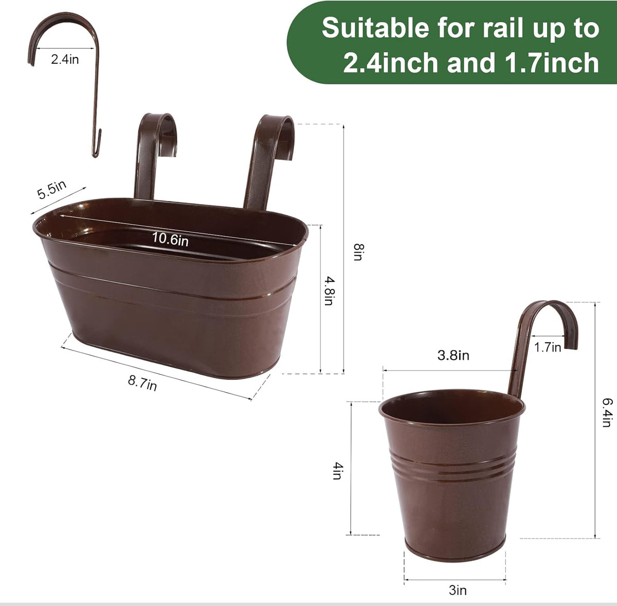 Metal Iron Flower Pots for Railing Fence Hanging Bucket Pots(5 Pcs) and Hanging Flower Pots Metal Iron Bucket Planter(10 Pcs) (Bronze)