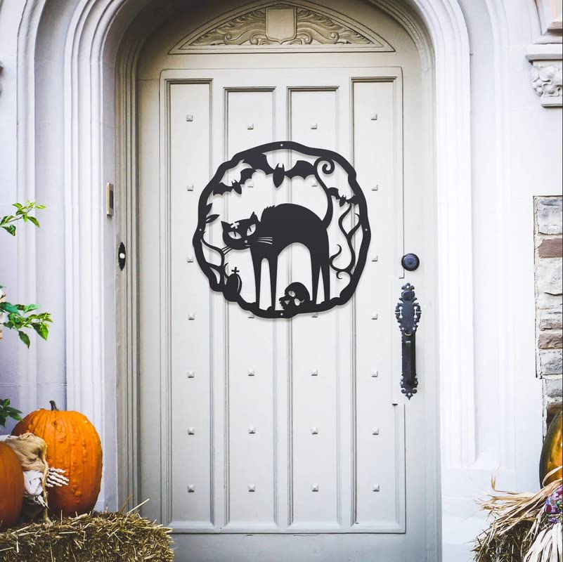 Halloween Cat Wreath Metal Door Sign
