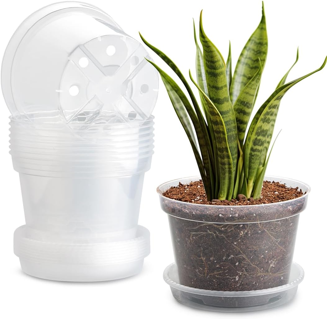 7 Pack 8 Inch Clear Nursery Pots with Saucer, Transparent Plastic Plant Pot with Drainage Holes, Sturdy Plant Starter Pots, Planter Pot for Planting Succulent Flower Herb Vegetable, Gardening Gifts