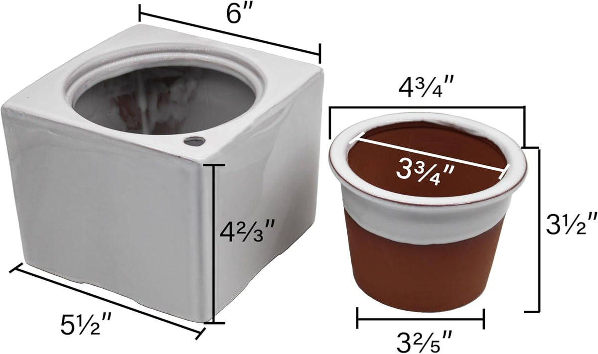 2-Pack Ceramic African Violet Self Watering Pot 6 Inch Square Pot 3.5 Inch Innter Pot Easy Fill Water Reservoir White Blue