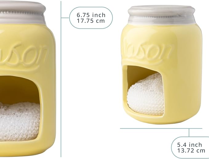 Comfify Ceramic Sponge Holder – Yellow Mason Jar Sink Caddy – Farmhouse Kitchen Accessory with Free Sponge