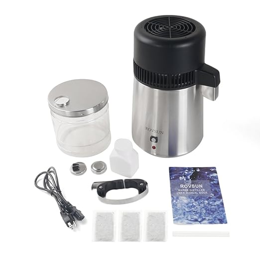 ROVSUN【Upgraded】 1.1 Gallon/4L Countertop Water Distiller Stainless Steel for Home, 750W Distilled Water Machine Maker Water Distillers with Glass Container, 1L/H, Silver