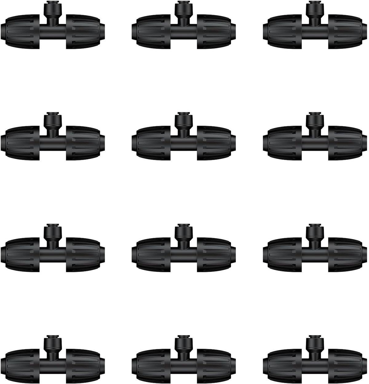 Pawfly 12 Pcs 1/2'' to 1/4'' Barbed Tee Quick Connectors, Drip Irrigation Tee Connectors with Anti-Drop Locked Nuts, Push-to-Fit Drip Irrigation Fittings Parts for Garden Lawn, 3-Way Reducing Tees
