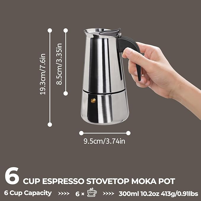 6 Cup 300ml Moka Pot Stainless Steel Espresso Coffee Maker Stovetop Coffeemaker Italian Classic Style Brewing Greca Cafe Mocha Machine for Cafeteras Lover Camping Travel and Home Use 10oz
