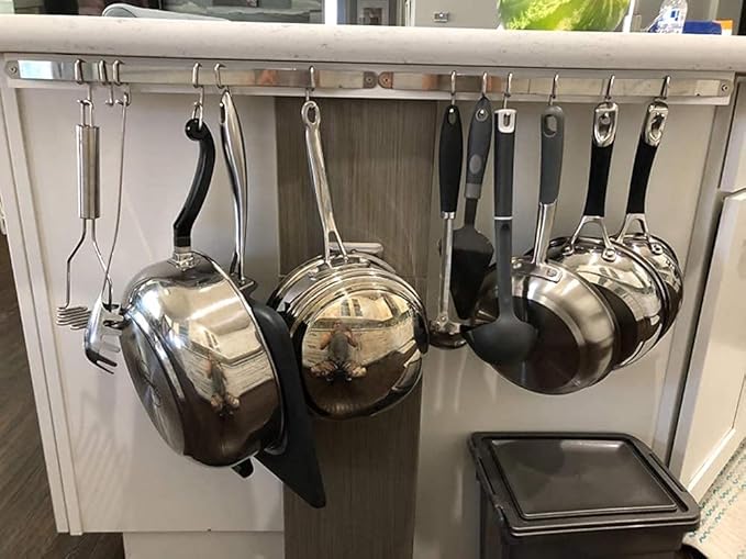 Stainless Steel Kitchen Utensil Racks Holder Hanging Rail Organize Pots Pans Kitchen Knife Gadgets On Wall Mounted Hanger Bar Rail Under Cabinet Shelf (6 Hook,17") Pack of 2
