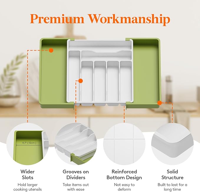 Lifewit Utensil Organizer for Kitchen Drawer, Expandable Cooking Silverware Tray, Adjustable Cutlery Flatware Holder, Plastic Spatula Tools Storage Divider, 13-22.4 x 15", Green&White