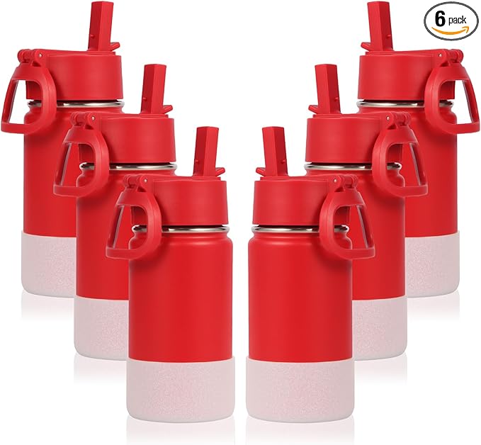 Volhoply 14oz KIds Water Bottle with Straw Lid and Silicone Boot Bulk 6 Pack,Stainless Steel Insulated Cups for Boys & Girls Multipack,Double Wall Vacuum Leakproof Bottles(Red,6)