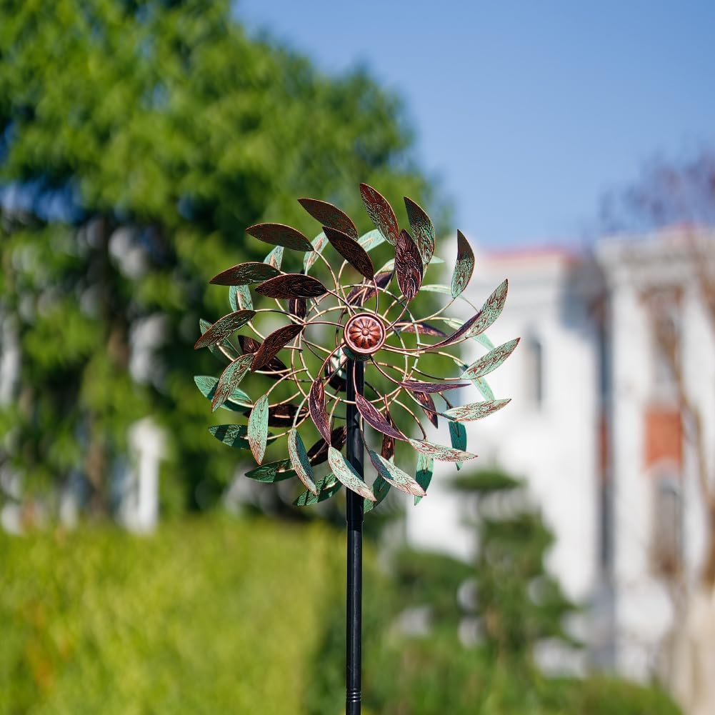 VEWOGARDEN 360° Outdoor Metal Wind Spinners Kinetic Wind Sculptures & Spinners for Yard Garden Lawn Patio Decorations, Light Green & Bronze
