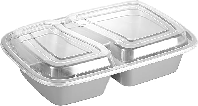 Restaurantware-Asporto 26 Ounce Compartment Take Out Boxes, 100 Microwavable Meal Prep Containers - 2 Compartments, With Clear Plastic Lids, Silver Plastic Food Containers, Do Not Contain BPA