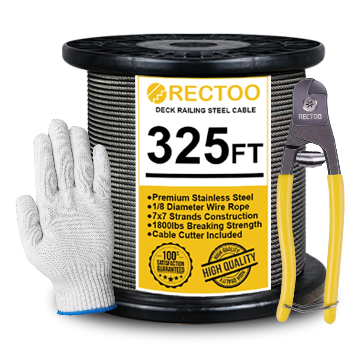 Black 325FT 1/8" T316 Stainless Steel Cable with Cutter, 7x7 Strands Aircraft Wire Rope for Deck Railing, Stair Handrail, Porch Fence, High Strength for Indoor and Outdoor Use