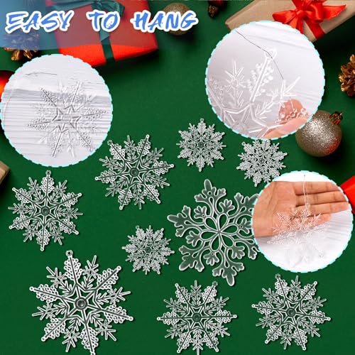 Christmas Tree Decorations Snowflake Ornaments 60Pcs Clear Plastic Hanging Snowflakes from Ceiling Snow Flakes Decorating Hanging for Winter Wonderland Decorations Indoor Outdoor Decor (60 Count)