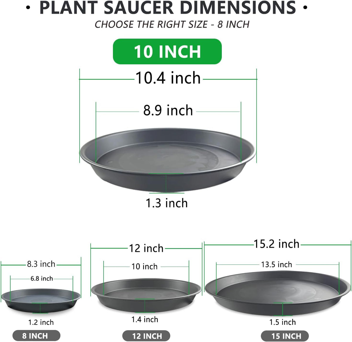 6 Pack 10-Inch Gray Plant Saucer Trays, Heavy Duty Plastic PP Pot Bases for Medium & Large Flower Pots, Durable Water Catcher Plates & Drip Trays for Indoor Outdoor Gardening Use