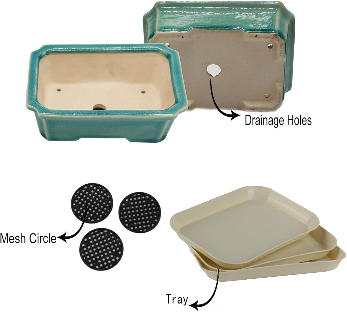FFPOPU 3-Packs Ceramic Bonsai Pots with Drainage Tray, 6-inch Cute Bonsai Tree Pot with Ice Cracked Glaze, Small Bonsai Planter Pot for Desktop Decoration