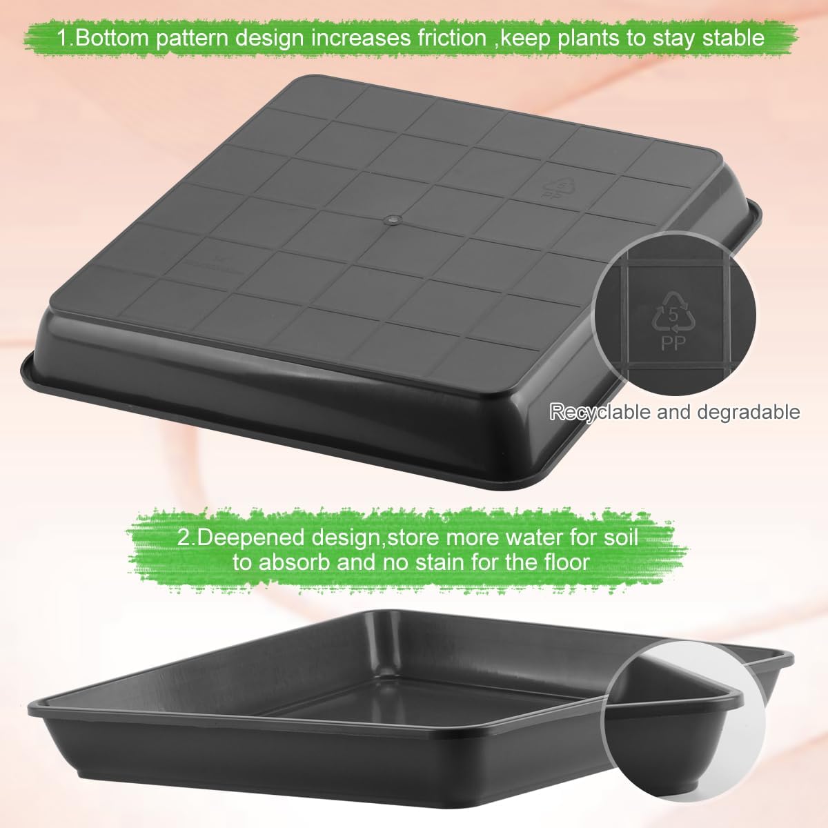 WAYNHUI Squared Plant Saucer 6/8/10/12/14/16/18/20inch Square Plastic Basin Tray Large/Small Water Receiving Tray (Black 20inch 3pack)