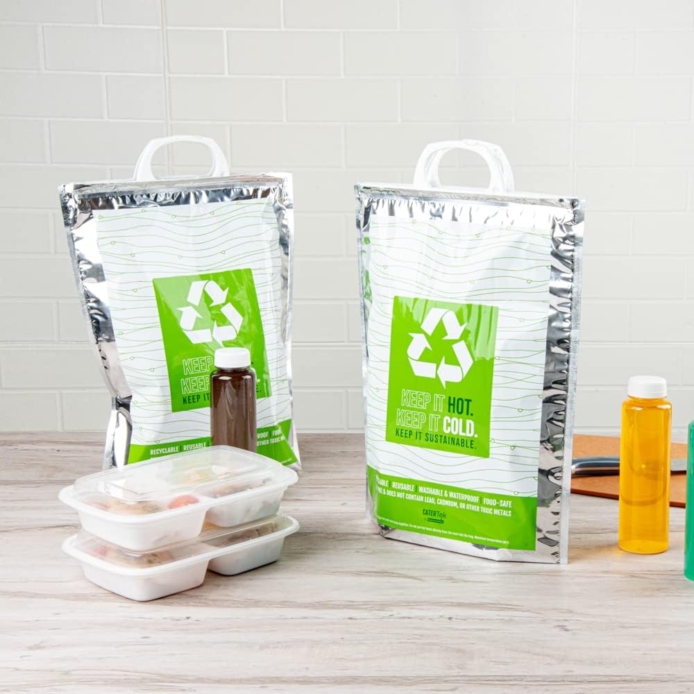 Restaurantware Cater Tek 11.8 x 5.9 x 15 Inch Hot And Cold Bags 10 Triple Layer Insulated Bags - Snap Lock Handles Waterproof Green & Silver Plastic Thermal Lunch Bags For Frozen & Hot Items