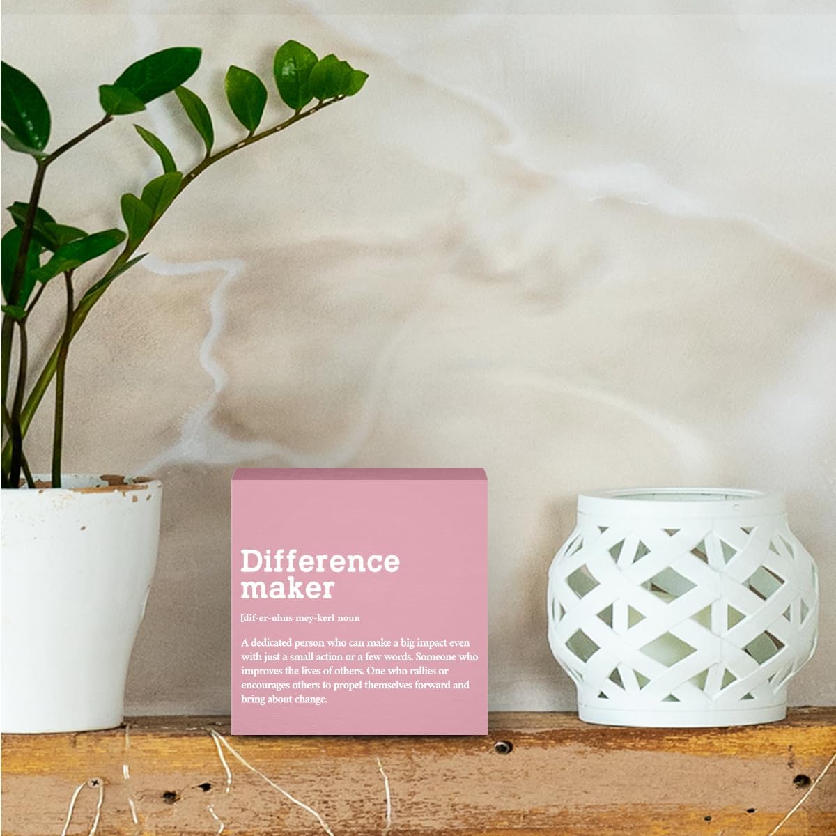 Difference Maker Definition Home Office Decor Wooden Box Sign, Motivational Retirement Thank You Gifts for Women Teacher Boss Lady Mom Coworker Farmhouse Desk Decor Table Shelf Wall Display, Pink
