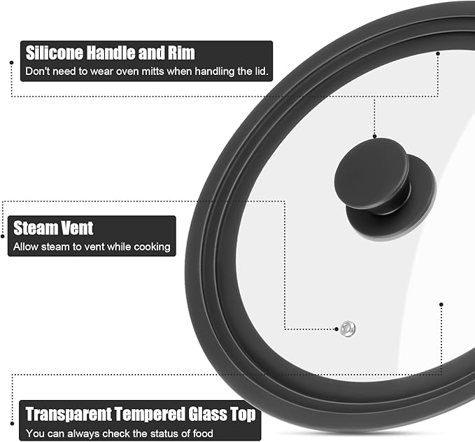 Universal Lid for Pots Pans and Skillets, Pan Cover Fit 11", 12",13" Diameter Cookware, Silicone Replacement Pan Lid Pot Lids for Frying Pans, Cast Iron,Tempered Glass Lid