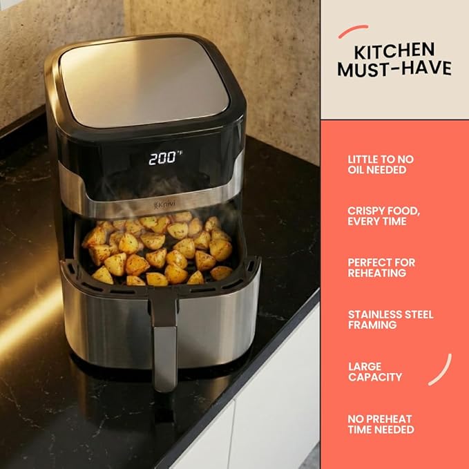 Knivi 8L Stainless Steel Air Fryer – 1500W Digital Touchscreen Airfryer Oven with 8 One-Touch Presets, Defrost & Bake – Large Family Size Non-Stick Basket, Dishwasher Safe – Silver