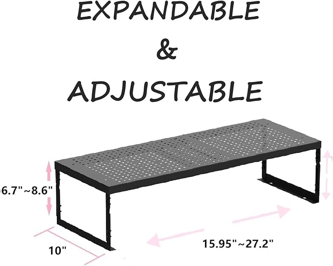 Stackable Expandable Metal Shelf Organizer - Adjustable Wire Storage Rack with Holes for Kitchen, Bathroom, Cabinet, Office - Space Saving, Durable & Sturdy Design（1PACK/Large/Black