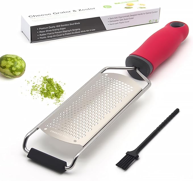 Cheese Grater Lemon Zester, Stainless Steel Grater Citrus Zester Tool for Parmesan Cheese Lemon, Ginger, Cheese, Nutmeg, Potato, Chocolate and Garlic, With Protective Cover-Red