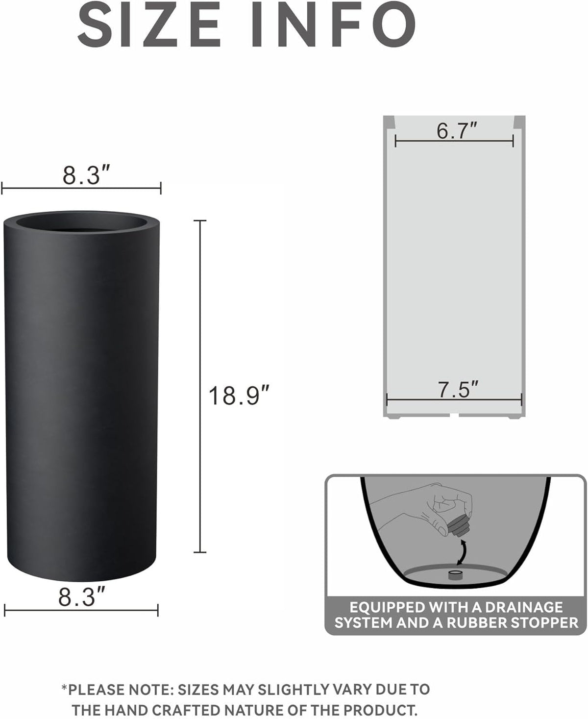 Kante 18.9 Inch Tall Cylindrical Planter, Large Round Plant Pots with Drainage Hole, Made with Concrete, Suitable for Indoor Outdoor Plants, Home Decor, Black