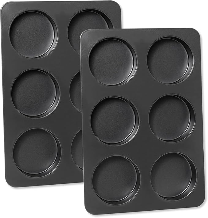 2 Pcs English Muffin Pans, 3.6 Inch Non-Stick 6 Cup Straight Side Cupcake Pan, Hamburger Bun Pan for Baking Muffin Egg Sandwich Frittata Cinnamon Roll (Lid NOT Included)