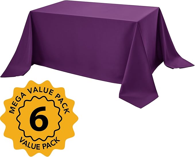 6-Pack Purple Tablecloths for Rectangle Tables, 90 x 132 Inches, Stain-Resistant Polyester Fabric for 8 Foot Tables - Washable Table Covers for Weddings, Banquets, Birthday Parties, Events