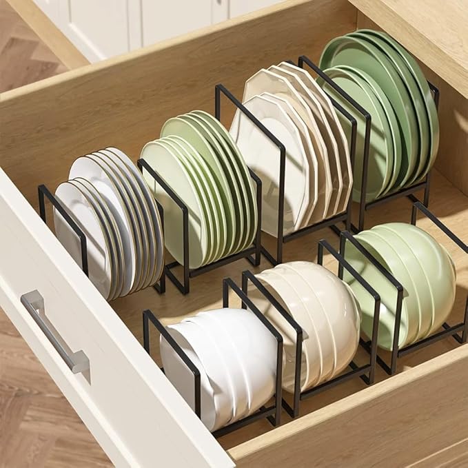 4 Pack Kitchen Plate Holder Organizer for Cabinet Space Saver, Kitchen Dish Storage Drying Racks, Metal Upright Dish Stand for Counter Cupboard (Black)