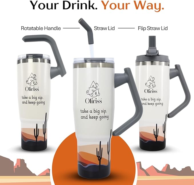 Tumbler with Handle – 40oz Arizona Stainless Steel Tumbler with Straw –Travel Cup with 180-degree Rotating Handle – Double Wall Vacuum Insulated Water Bottle for Hot and Cold Drinks