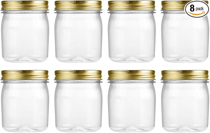 novelinks 8 oz Clear Plastic Jars with Airtight Lids, 8 Pack Plastic Mason Jars with Lids 8oz, Refillable Storage Slime Containers & Small Spice Jar for Kitchen Organization (8 Pack,Gold)