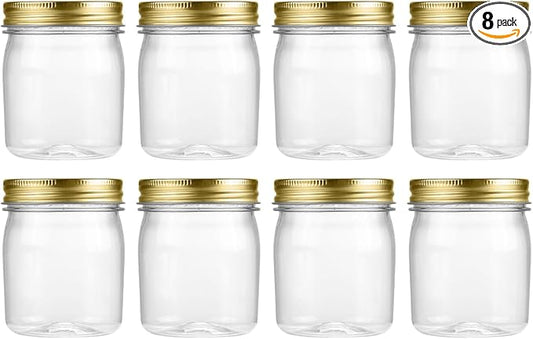 novelinks 8 oz Clear Plastic Jars with Airtight Lids, 8 Pack Plastic Mason Jars with Lids 8oz, Refillable Storage Slime Containers & Small Spice Jar for Kitchen Organization (8 Pack,Gold)