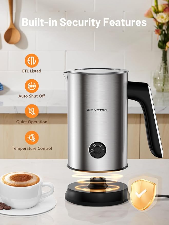 Keenstar Electric Milk Frother, Automatic 4-in-1 Milk Steamer Warm or Cold Foam Maker for Latte, Cappuccino, Stainless Steel Milk Warmer with Temperature Controls