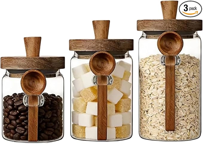 ANSQU Glass Jars with Wooden Lids and Spoons (13.5oz/20.3oz/27oz), Set of 3 Glass Food Storage Containers Coffee Jar Coffee Grounds Container, Glass Food Storage Canisters
