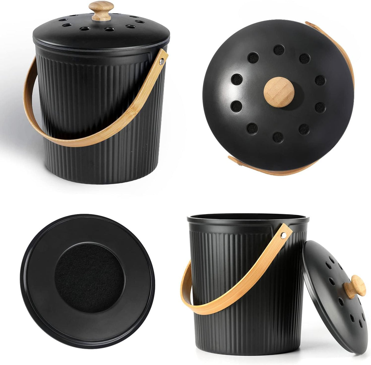 Countertop Compost Bin, LALASTAR Compost Bin Kitchen with Lid, Made of Sustainable Bamboo Fiber, Indoor Food Composter for Kitchen, Odorless, 1 Gallon, Black