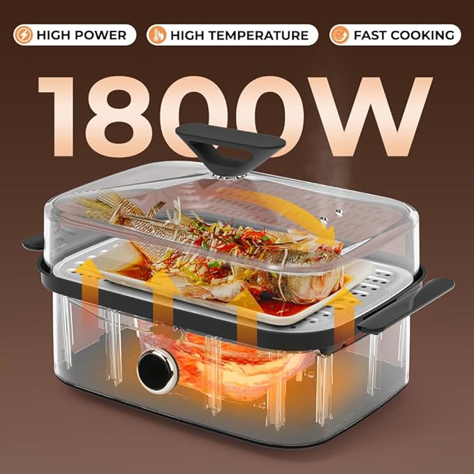 450C/842F Electric Food Steamer,Superheated Steam Cooker, 40% Less Fat, Premium Borosilicate Glass Lid, 10 One-Touch Presets, No Descaling 2+ Years, Real-Time Temp Display, 8 Qt 1800W White