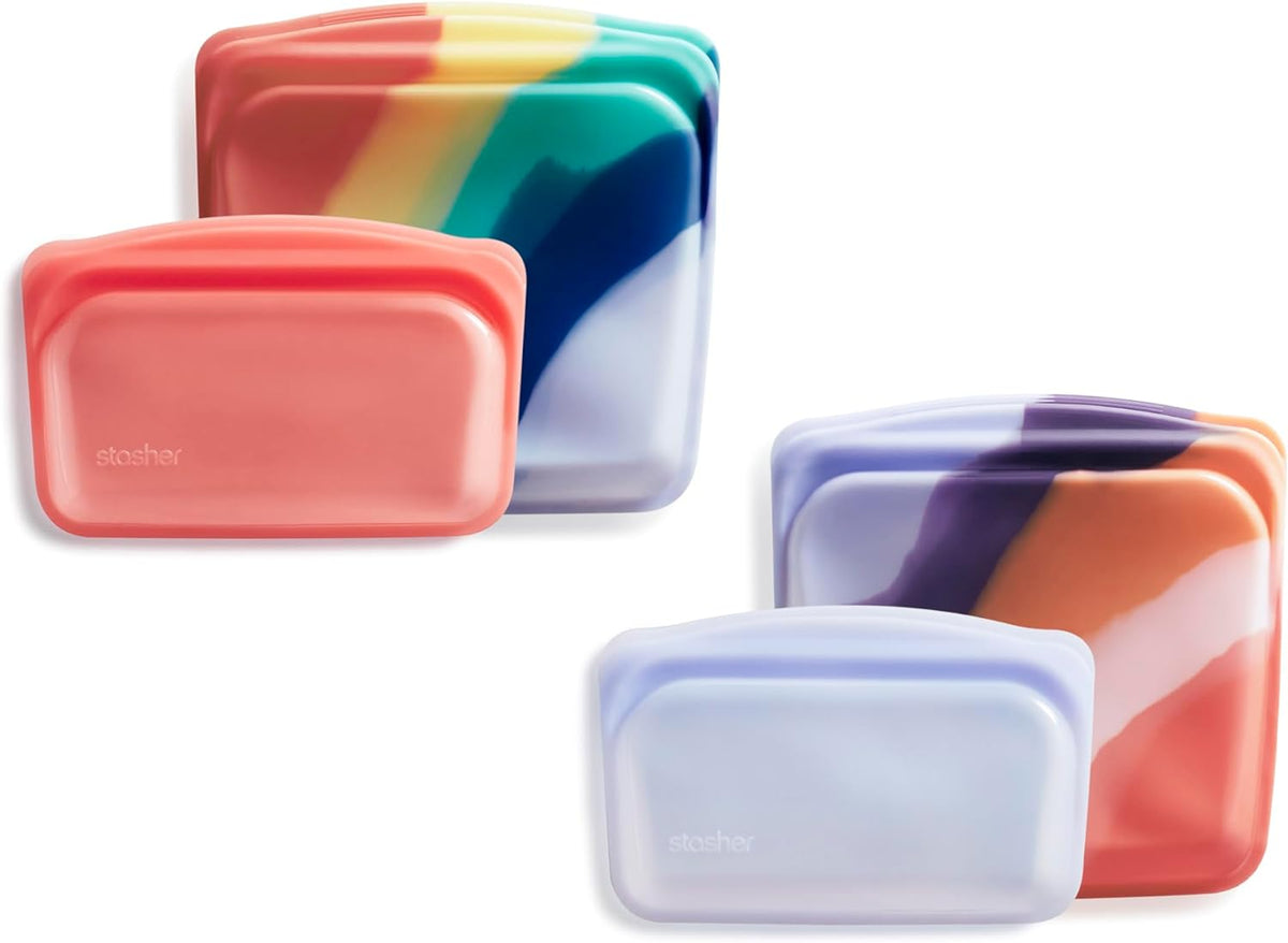 Stasher Premium Silicone Reusable Food Storage Bags, 4-Pack, Multi, Multi-Use Food Storage Bags, Lunch Bag, Travel Containers, BPA Free, Leak-free, Dishwasher-Safe, Eco-friendly
