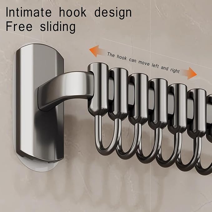 Kitchen Hooks Rail with 8 Adjustable Hooks, Aluminum, 100% Aluminum, Modern, Minimalist, Wall Mount, Kitchen Utensil Rack, Grey, 45cm