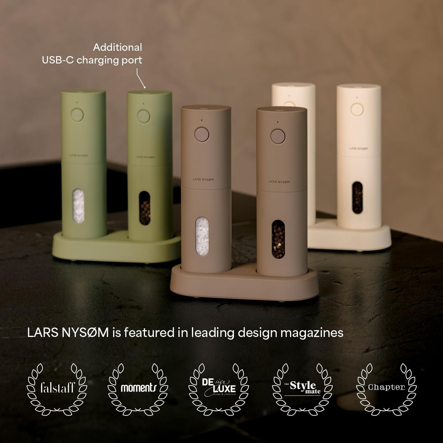 LARS NYSØM Electric Salt and Pepper Grinder Set, USB Rechargeable, Automatic Salt and Pepper Mills, Spice Shakers Refillable with LED Light, Adjustable Coarseness, Ceramic Grinder (Brick Red)