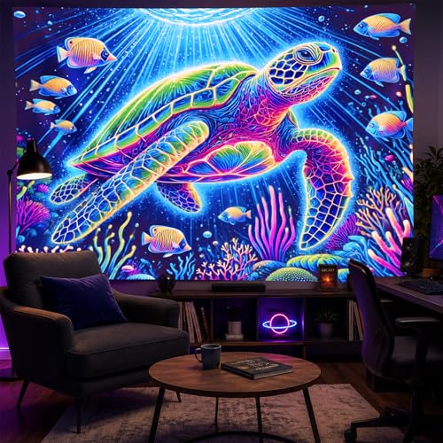 Blacklight Tapestry Sea Turtle Wall Hanging 78 x 59 Inch