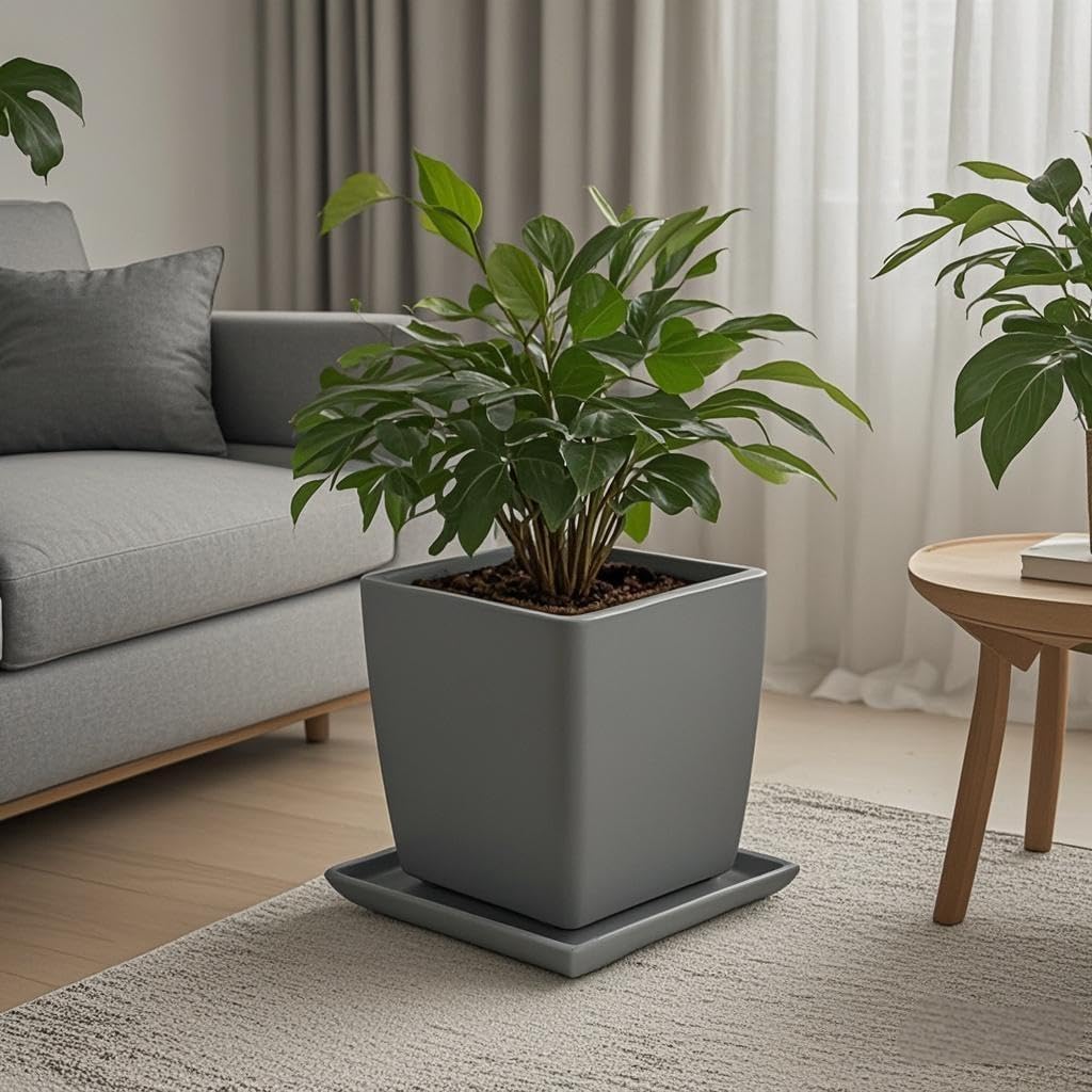 Square Plant Saucer 14 Inch 1 Pack，Plant Trays for Pots, Gray Ceramic Plant Saucers for Indoors Outdoors, Plant Drip Tray 4 6 8 10 12 14 Inch