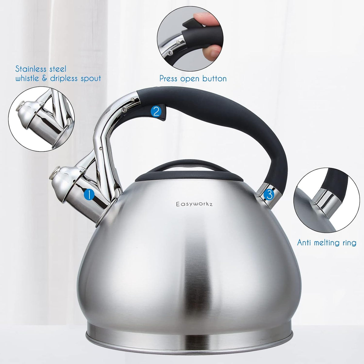 Easyworkz Whistling Stovetop Tea Kettle Food Grade Stainless Steel Hot Water Tea Pot With Loud Whistle,3.1 Quart(3.0l)