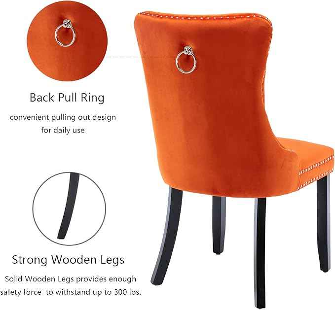 Velvet Dining Chairs Set of 2, Upholstered Dining Room Chairs with Back Ring Pull Trim and Solid Wood Legs,Tufted Wingback Kitchen Chair Perfect for Dining Room,Living Room,Kitchen(Orange)
